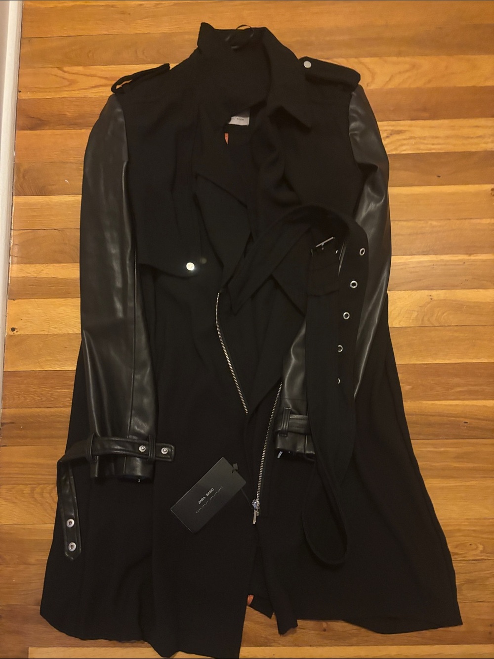 NWT Zara Black Trench Coat with Faux Leather Sleeves